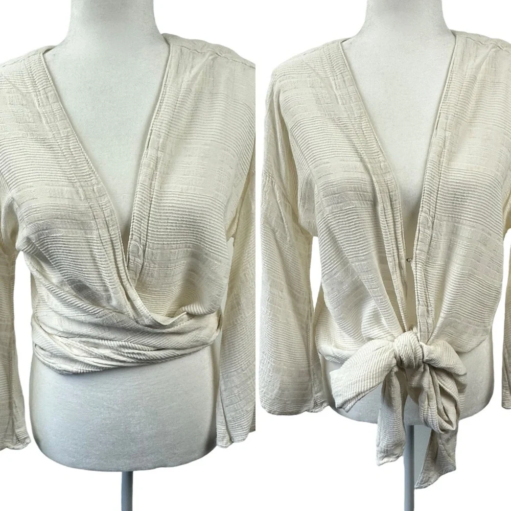 NSF Off‎ White X-Small P Long Sleeve Cardigan Wrap Top Textured Hook & Eye Tie